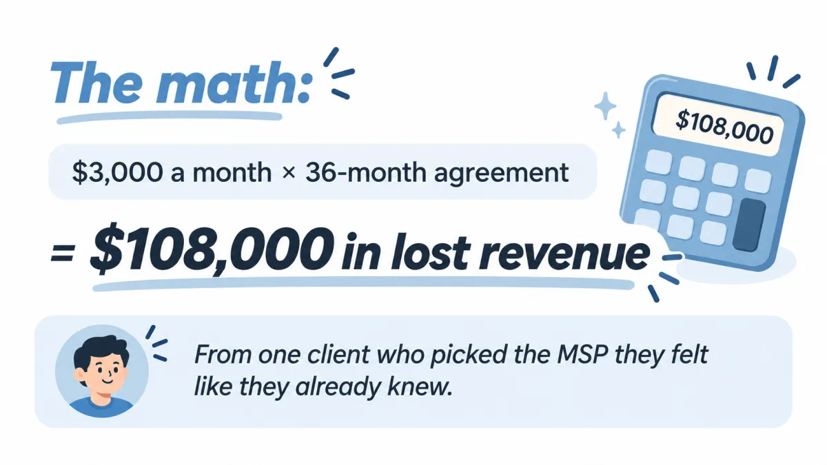 One lost MSP client at $3,000 a month over 36 months is $108,000 in lost revenue