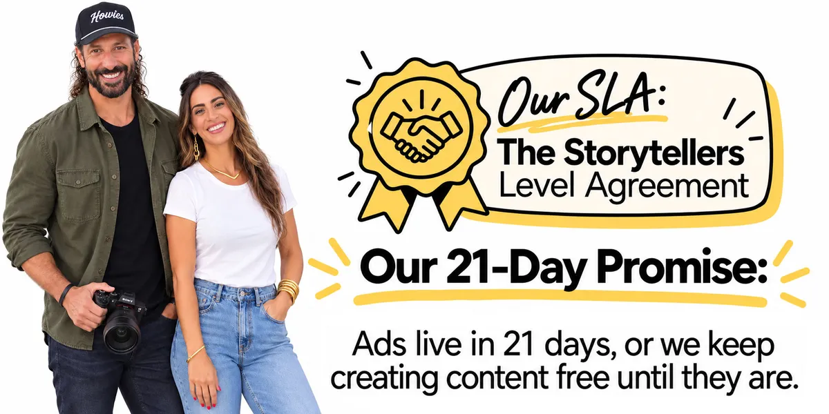 Mathew and Niki with the Storytellers Level Agreement: ads live in 21 days or we keep creating content free