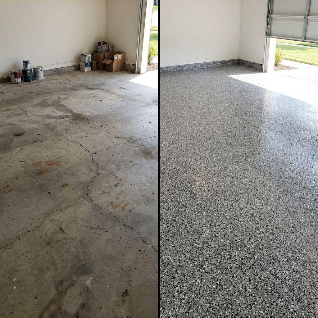 Split-screen comparison of a garage floor, left side cracked and stained bare concrete with paint cans and boxes in the corner, right side coated with a gray speckled epoxy finish and open garage door.