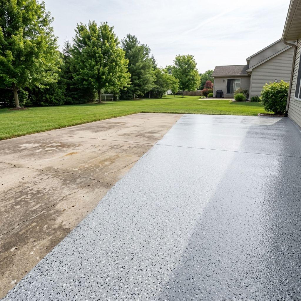 Side-by-side comparison of a backyard patio slab, left side plain cracked and stained concrete, right side coated with a gray speckled epoxy finish, house and lawn in the background.