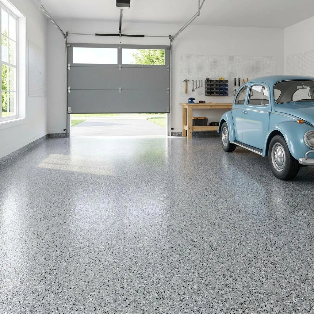 Finished garage with gray speckled epoxy floor coating, open garage door, workbench with tools, and a light blue vintage Volkswagen Beetle parked inside.