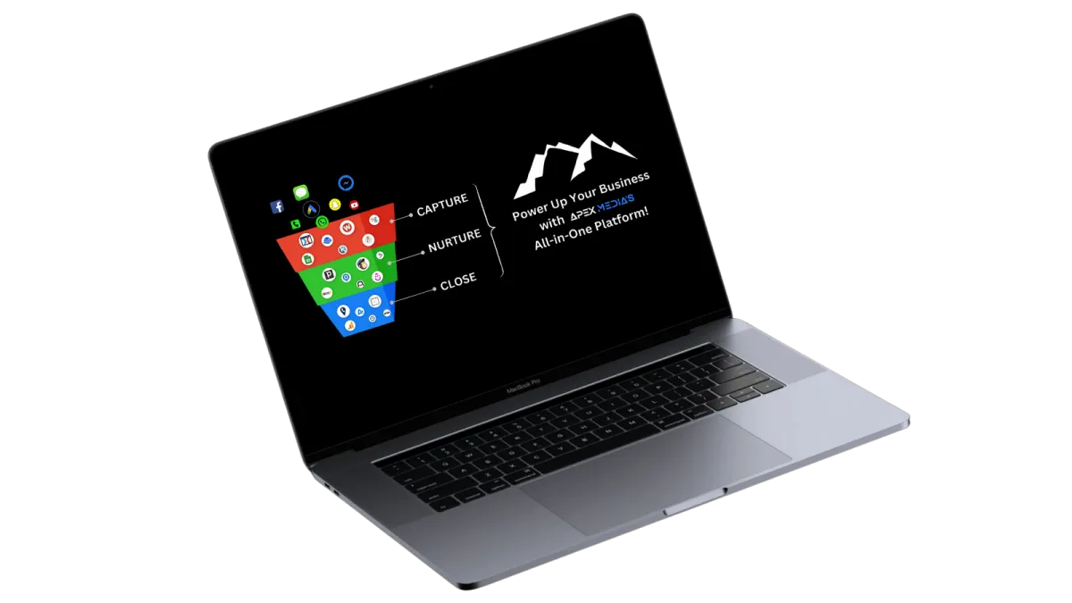 Laptop displaying a marketing funnel illustration with icons for social media and messaging apps, labeled "Capture," "Nurture," and "Close," alongside the text "Power Up Your Business with Apex Media's All-in-One Platform."