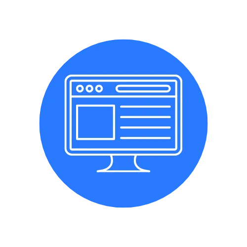 Icon of a computer monitor on a blue circular background, representing modern web design and digital marketing solutions for lead generation and CRM integration.