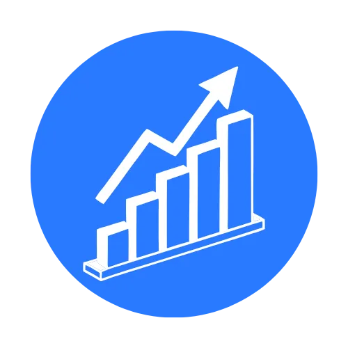 Graphical representation of growth with ascending bars and an upward arrow, symbolizing business scaling and lead generation in digital marketing.
