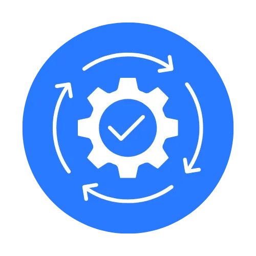 Blue circular icon featuring a gear with a checkmark, symbolizing automation and efficiency in business processes, relevant to Apex Media LLC's CRM automation services.