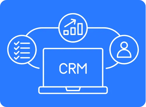 Laptop displaying "CRM" with icons representing data analytics, task management, and user profiles, emphasizing lead generation and automation in digital marketing.