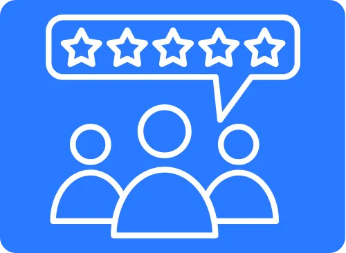 Graphic illustrating reputation management with three figures and five-star ratings, emphasizing trust-building and automated review requests for brand enhancement.