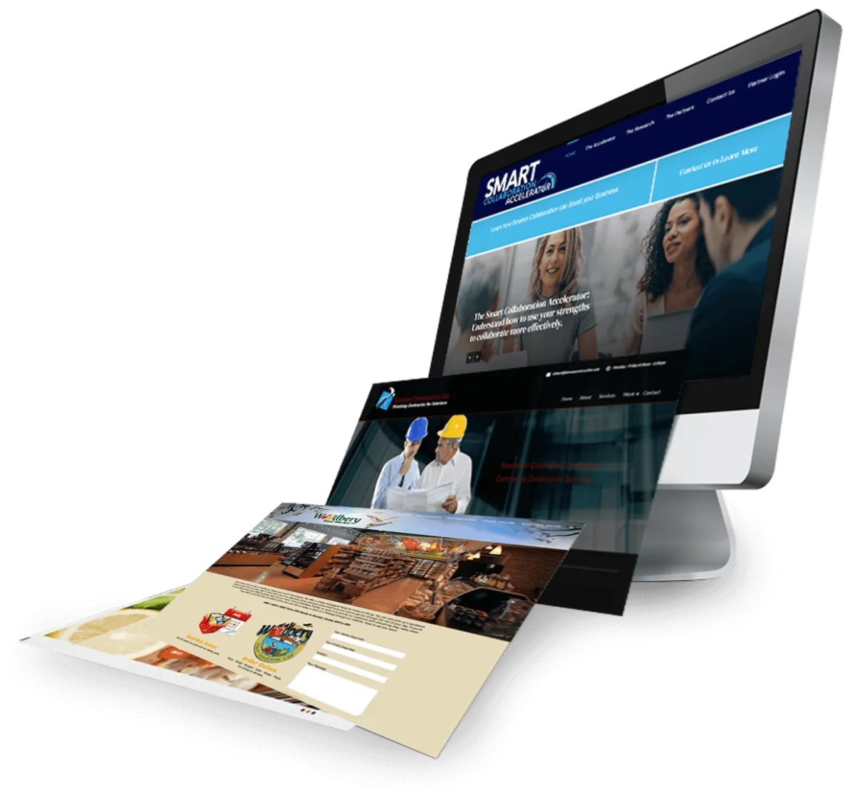 Computer monitor displaying multiple SMART Sites web designs, showcasing professional layouts for business enhancement and lead generation.