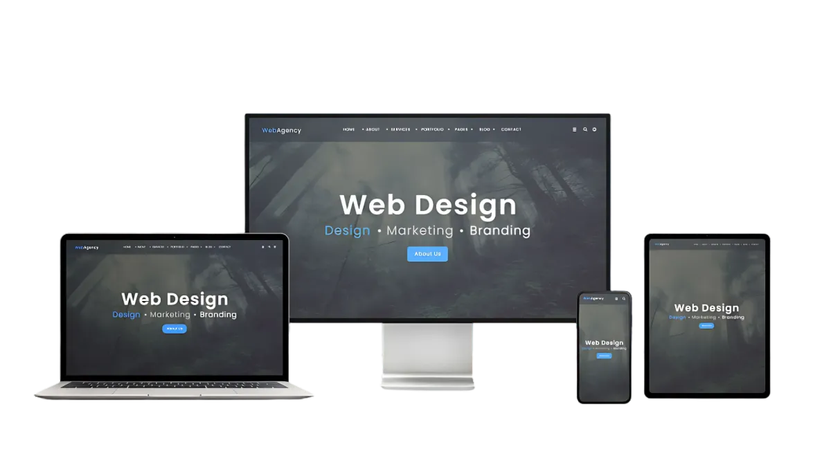 Web design showcase featuring multiple devices displaying a modern website layout focused on design, marketing, and branding services.