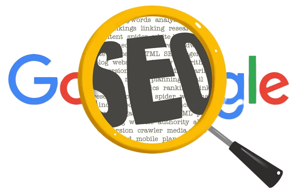 Google logo with magnifying glass highlighting "SEO" and keywords related to online visibility and website optimization.