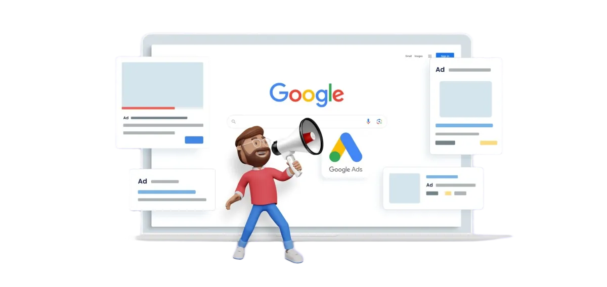 Person with a megaphone promoting Google Ads in front of a computer screen displaying Google search results and ad placements, illustrating digital marketing strategies for lead generation.