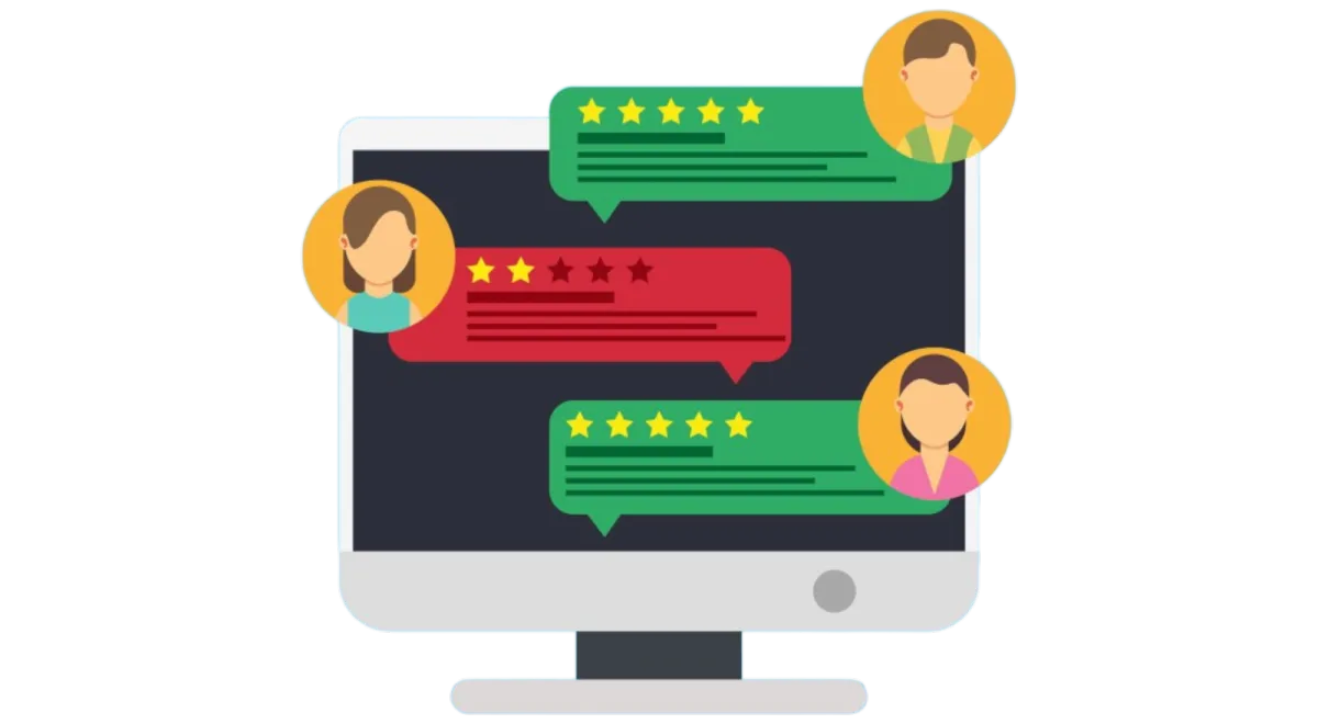 Computer screen displaying customer reviews with mixed star ratings and user avatars, illustrating reputation management services by Apex Media LLC.