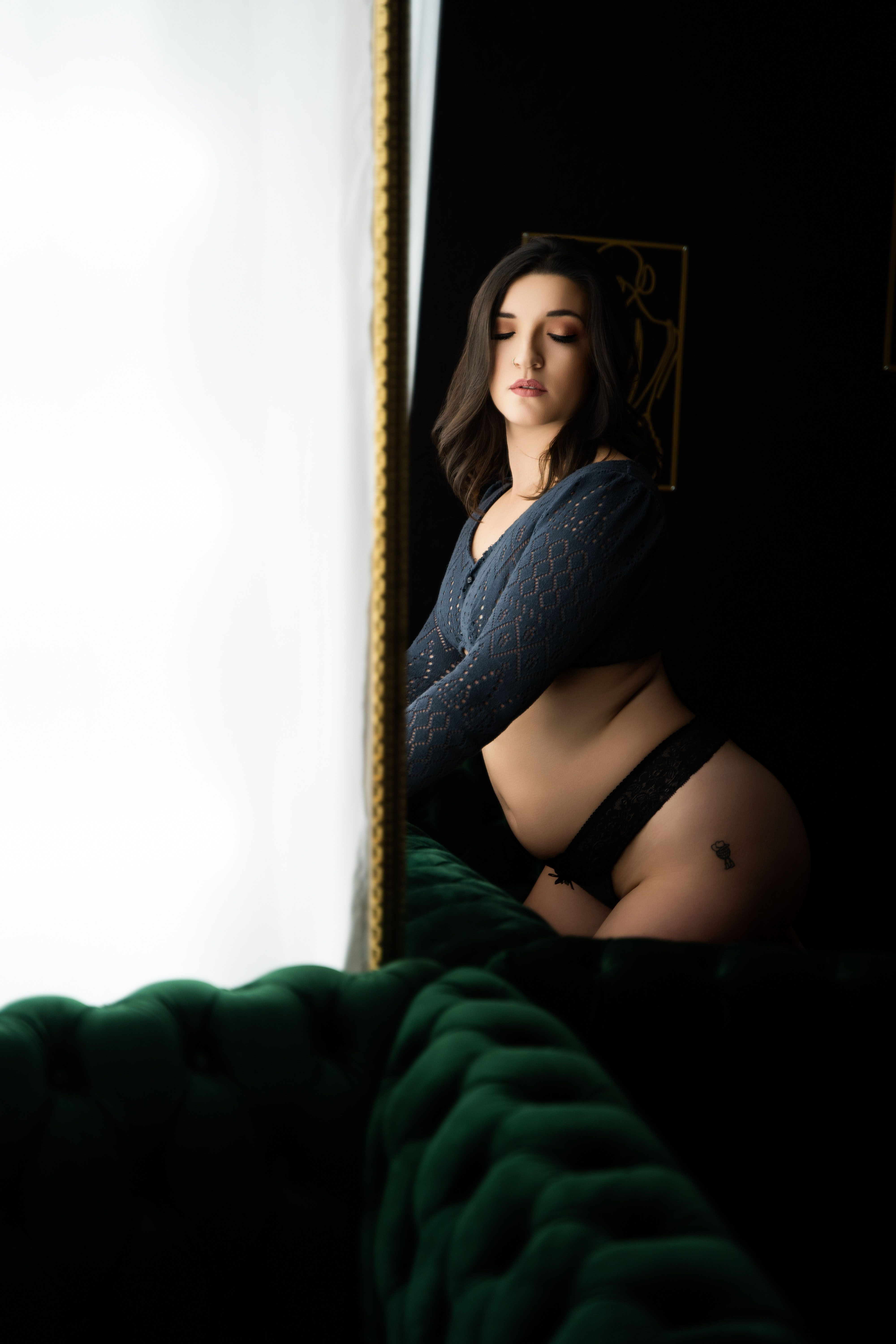 Elegant boudoir portrait woman in grey sweater Jen Loyer Boudoir Prescott AZ