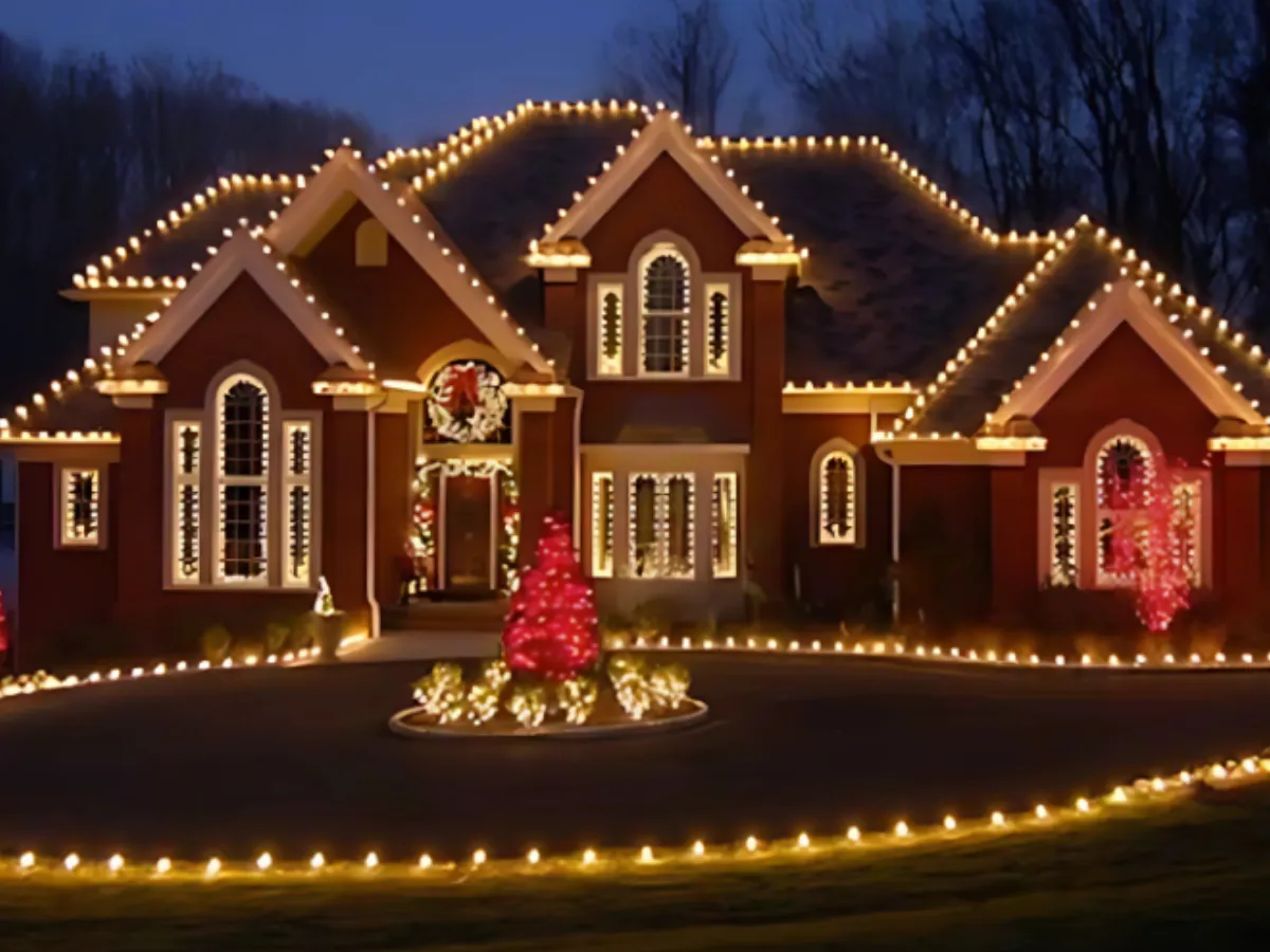 Custom Christmas lighting installation on a large home