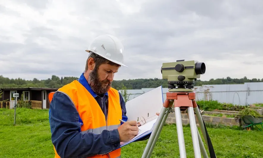 Construction surveyor using traditional surveying equipment in a green field for site analysis