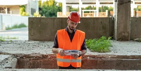 Construction project manager reviewing blueprints at a building site for site planning