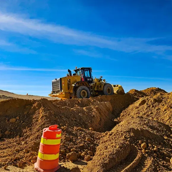 Bulldozer moving soil at a construction site with bright blue skies and safety barriers in the foreground