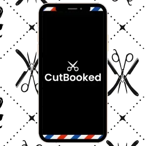 Mobile phone displaying CutBooked logo with barber-themed background, promoting business phone number separation for barbers
