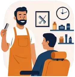 CutBooked virtual receptionist and booking service for barbers – illustrated barber with client representing automated scheduling, call answering, and appointment management.