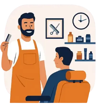 CutBooked virtual receptionist and booking service for barbers – illustrated barber with client representing automated scheduling, call answering, and appointment management.