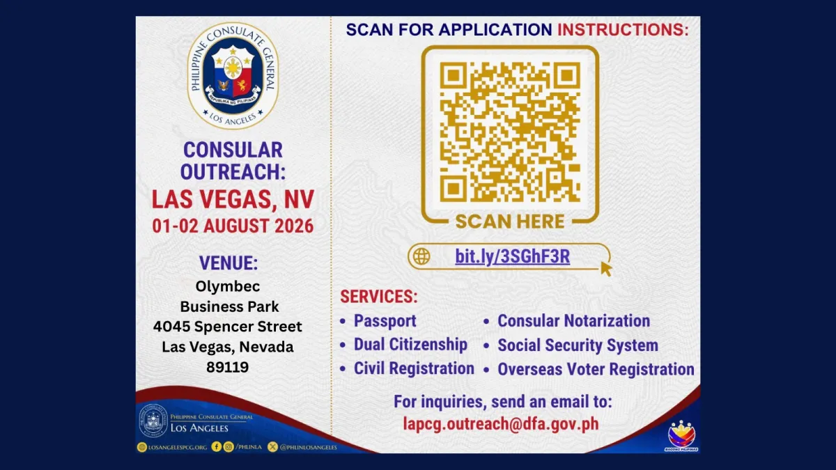 Philippine Consular Outreach — Las Vegas · August 1–2, 2026 · Scan to Apply