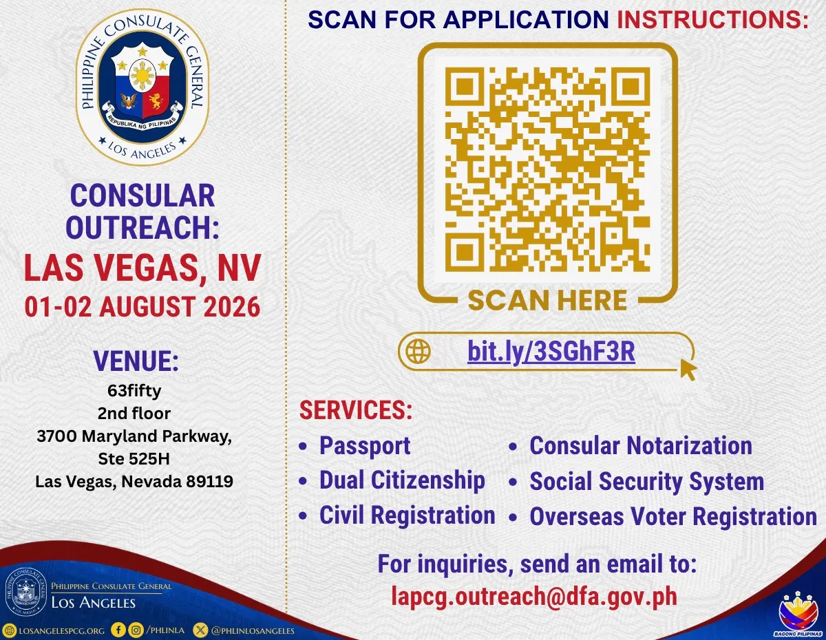 Philippine Consular Outreach — Las Vegas · August 1–2, 2026 · Scan to Apply