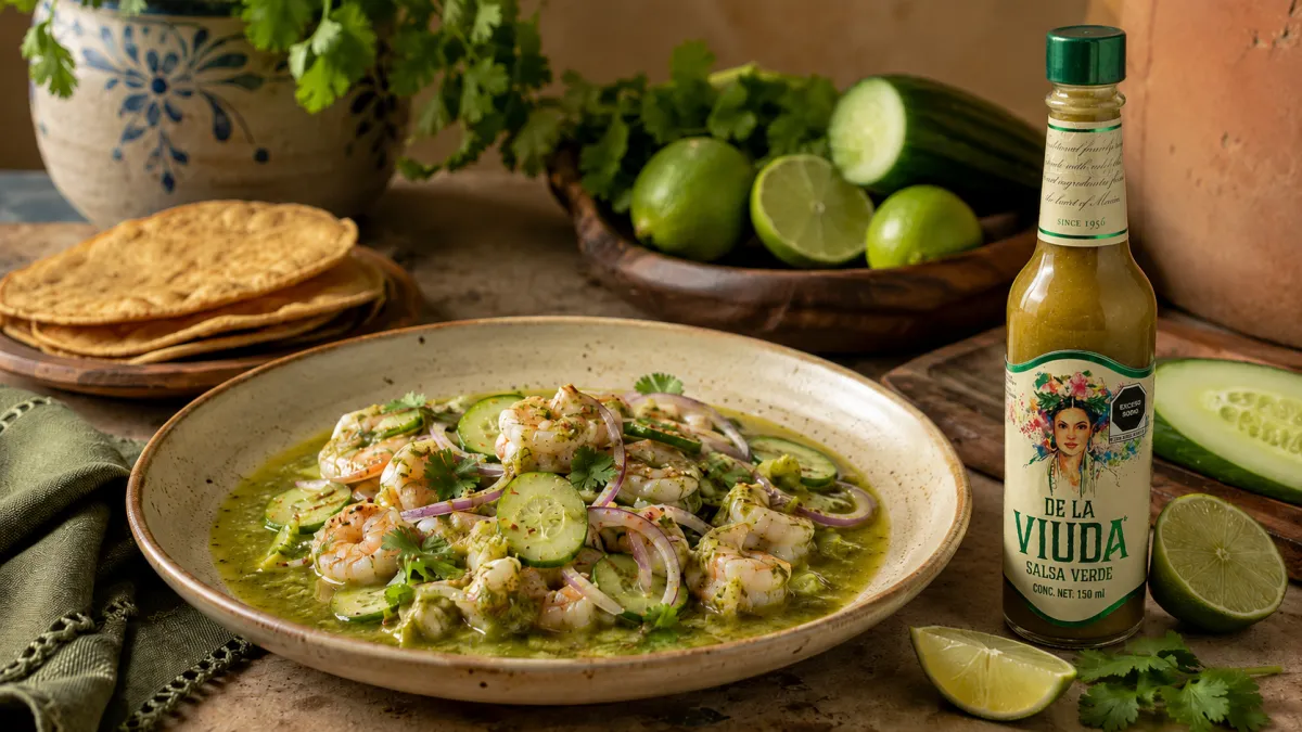 Aguachile verde de camarón servido en plato de cerámica con pepino, cebolla morada, cilantro y salsa verde De La Viuda.
