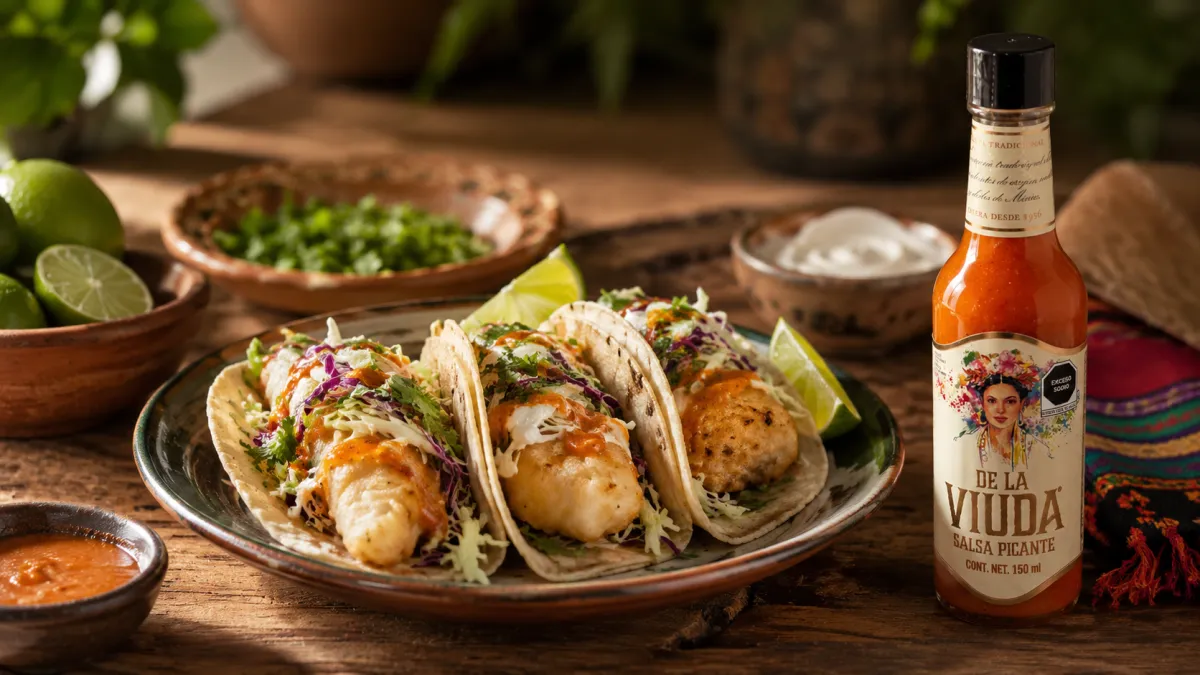 Tacos de pescado estilo Baja con col, crema picante, limón, cilantro y salsa roja De La Viuda sobre mesa mexicana.