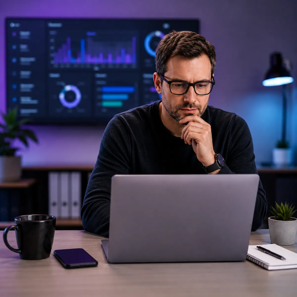 Voice AI business professional working on laptop and answering calls