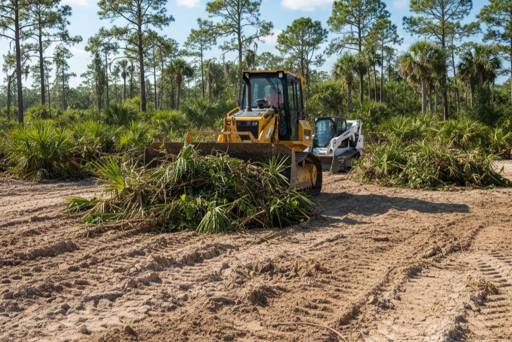 Forestry mulching machine clearing overgrown brush and trees on a residential property in Florida