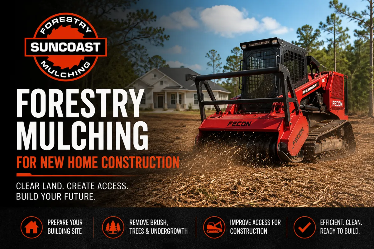 Forestry mulching for new home construction with a red forestry mulching machine clearing residential land