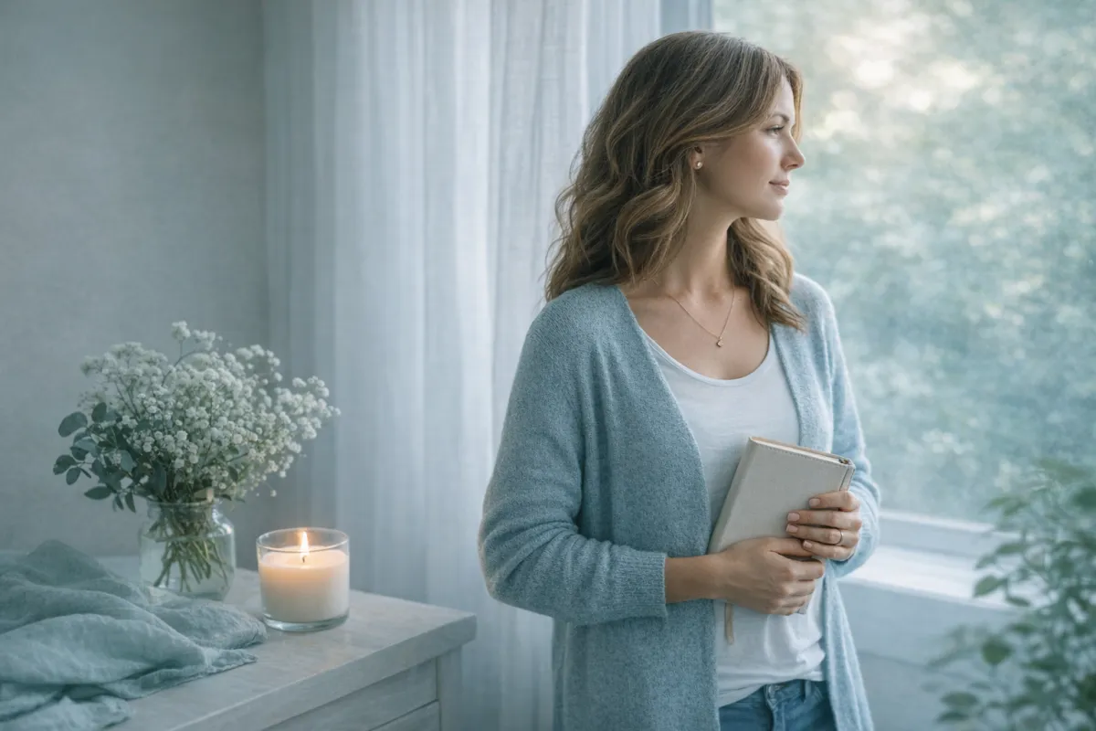 woman sitting by the window with hands folded praying
