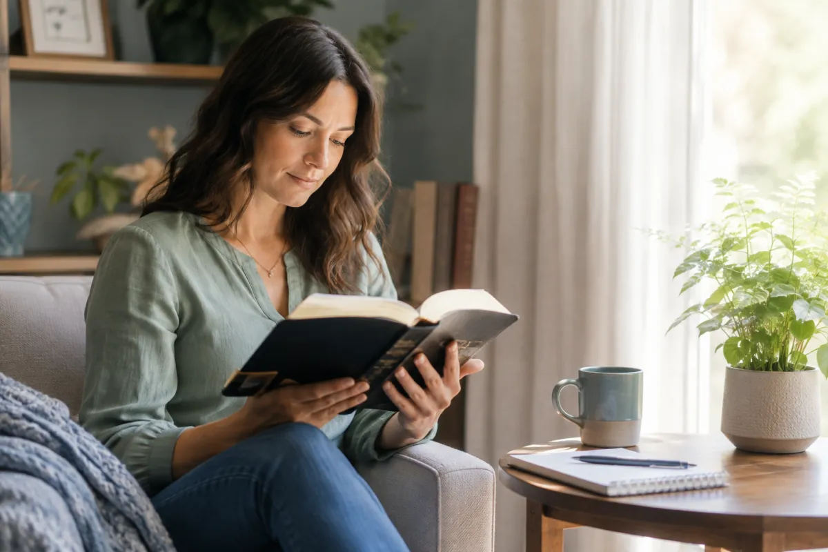 Woman sitting in front of her window reading the Bible