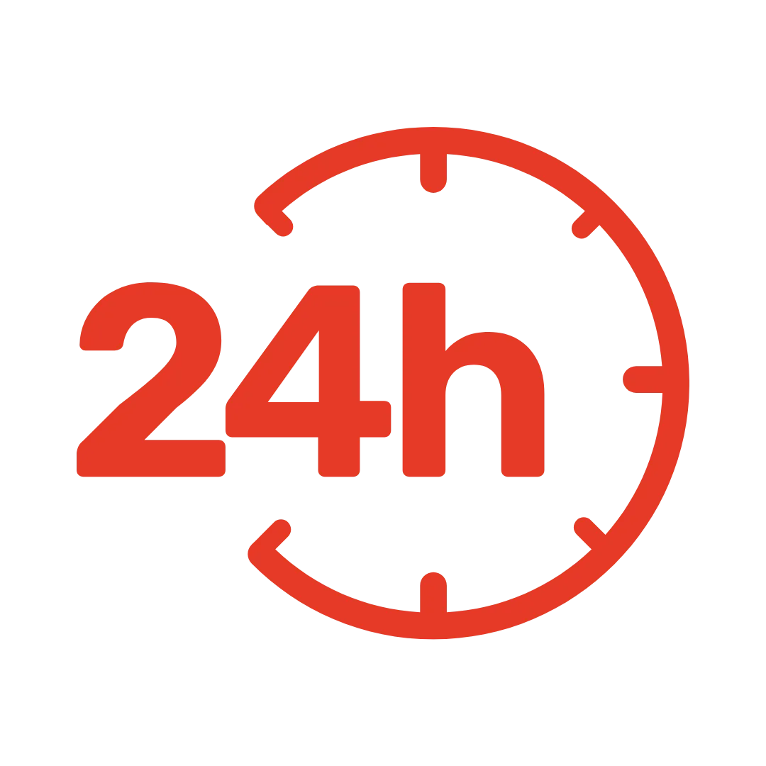 24 hour red clock icon, representing emergency tree service available day and night