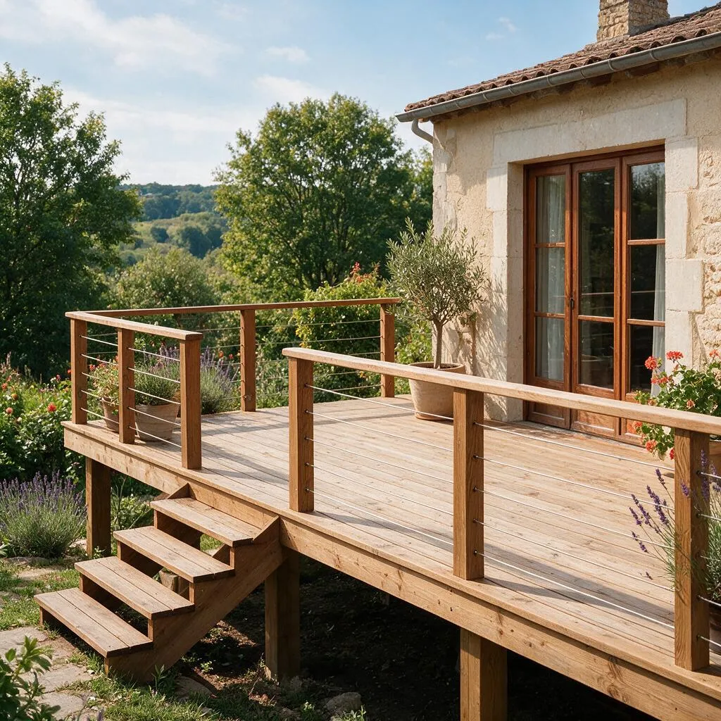 Terrasse sur poteaux, en hauteur, avec garde-corps, rambarde et escalier