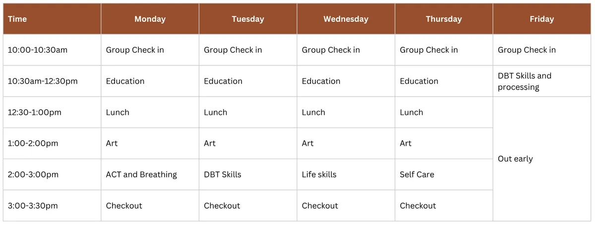 Sample weekly schedule for The Rosemary Tree's Adolescent Intensive Outpatient Program (IOP), detailing daily activities and group sessions for mental health treatment.