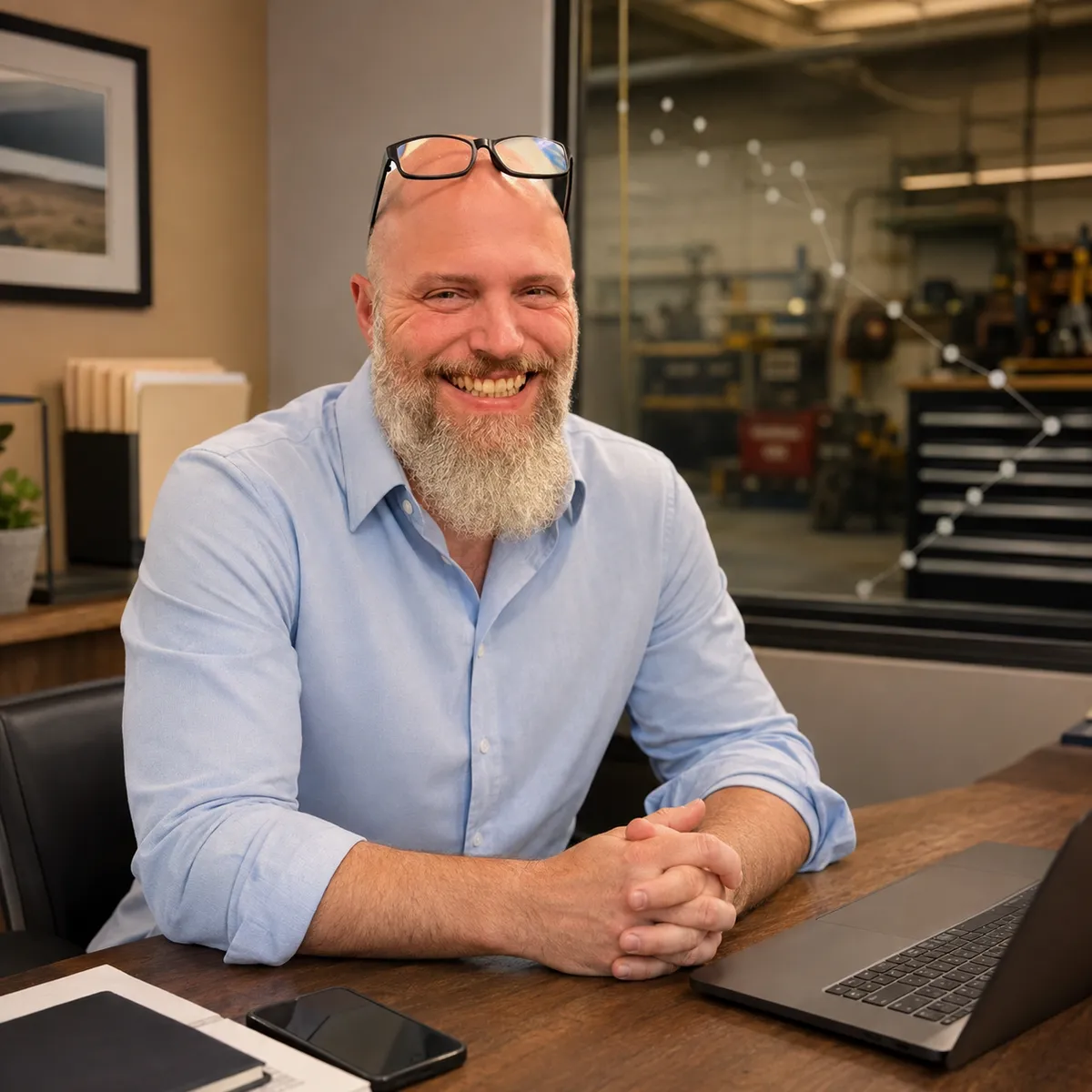 Mike Cooper, founder of Black Mountain Media, in an authentic consulting workspace