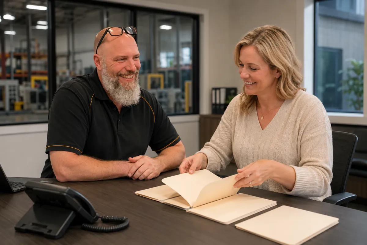 Business owner and consultant reviewing a folder checklist at a desk in an industrial office/warehouse setting