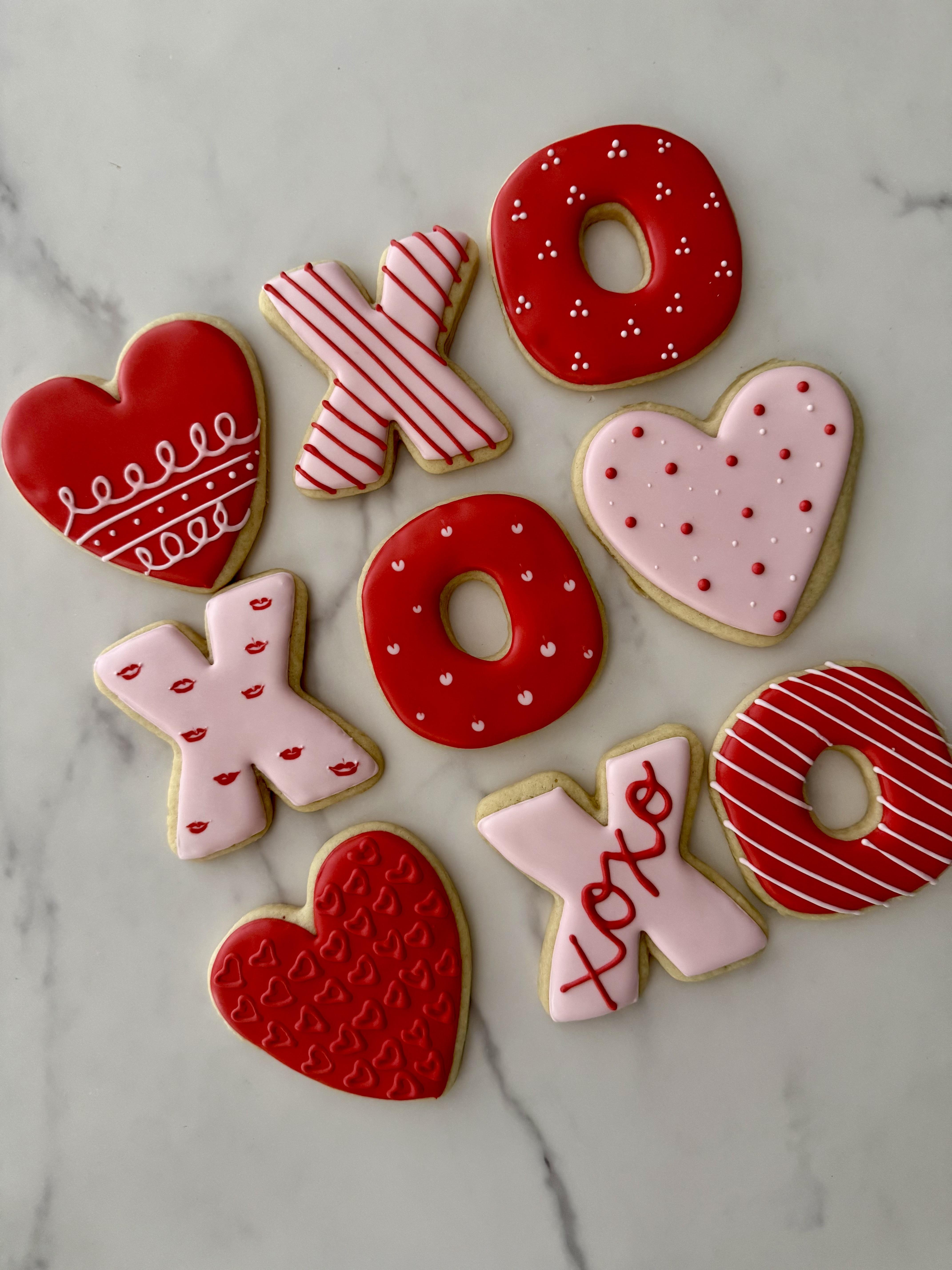 xo and heart cookies decorated