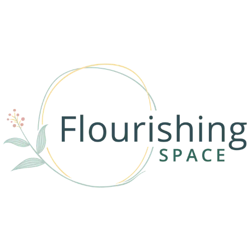 Logo for Flourishing Space, leaves and a pink and yellow flower an flowing circle