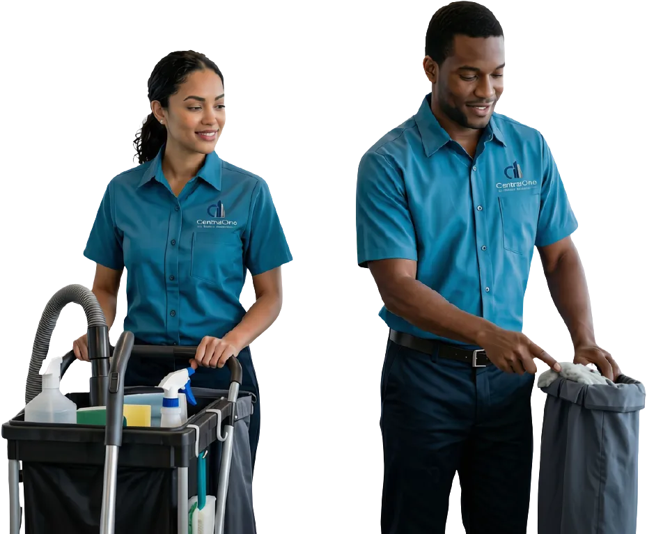 Three CentralOne Facility Services uniformed cleaners ready for service