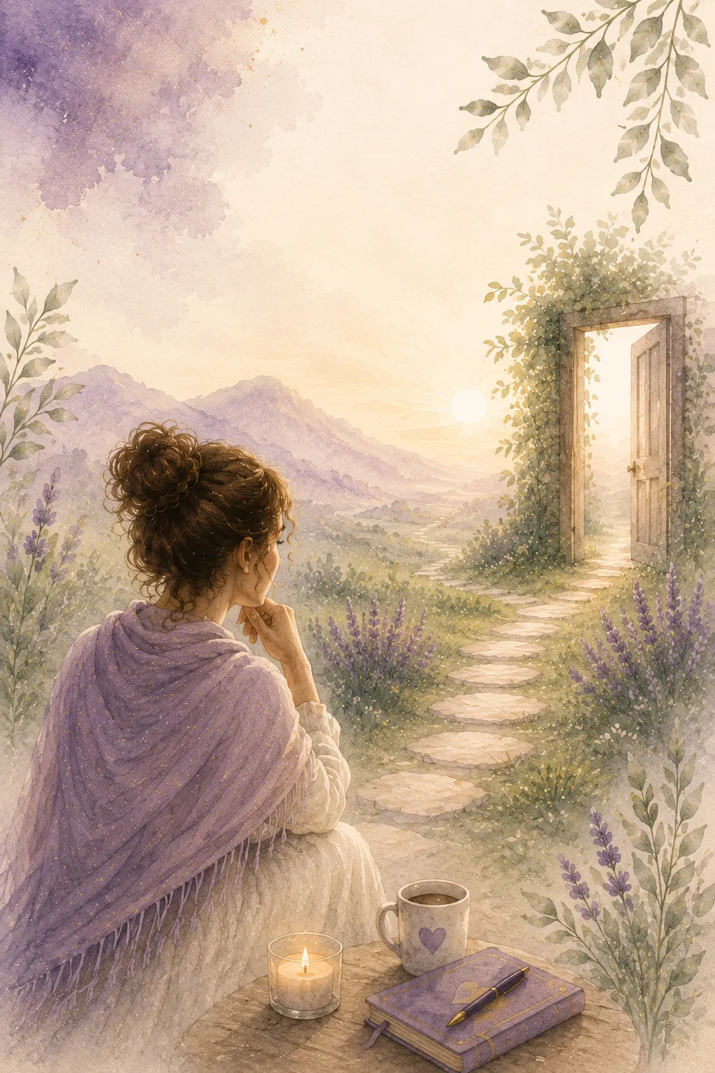 Woman sitting with a candle journal and coffee looking toward an open door on a sunlit garden path — representing a woman who is rebuilding her life and ready to discover what is holding her back from the next faithful step forward