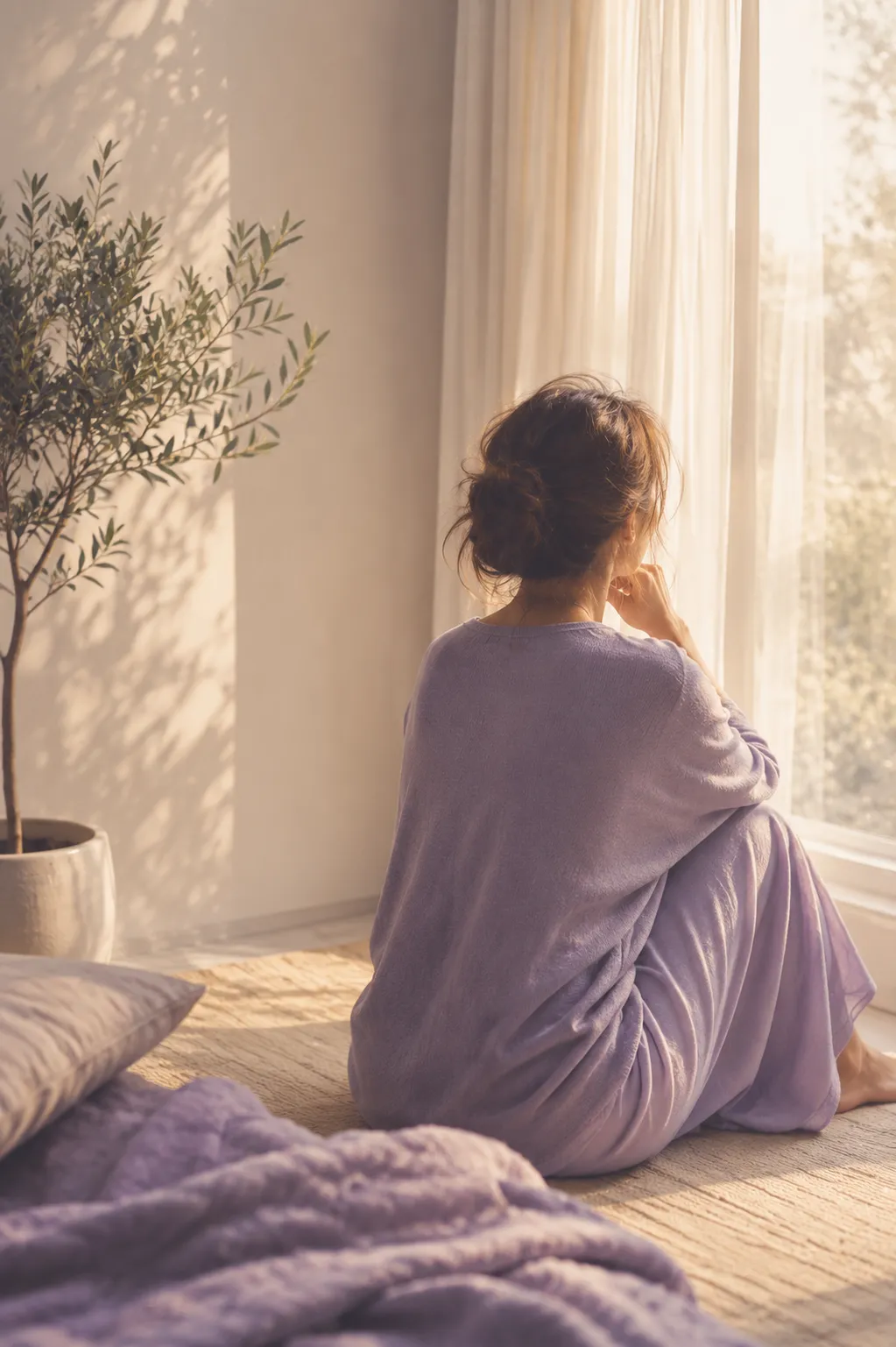 Woman sitting quietly by a sunlit window, wrapped in lavender, reflecting on her next stepf