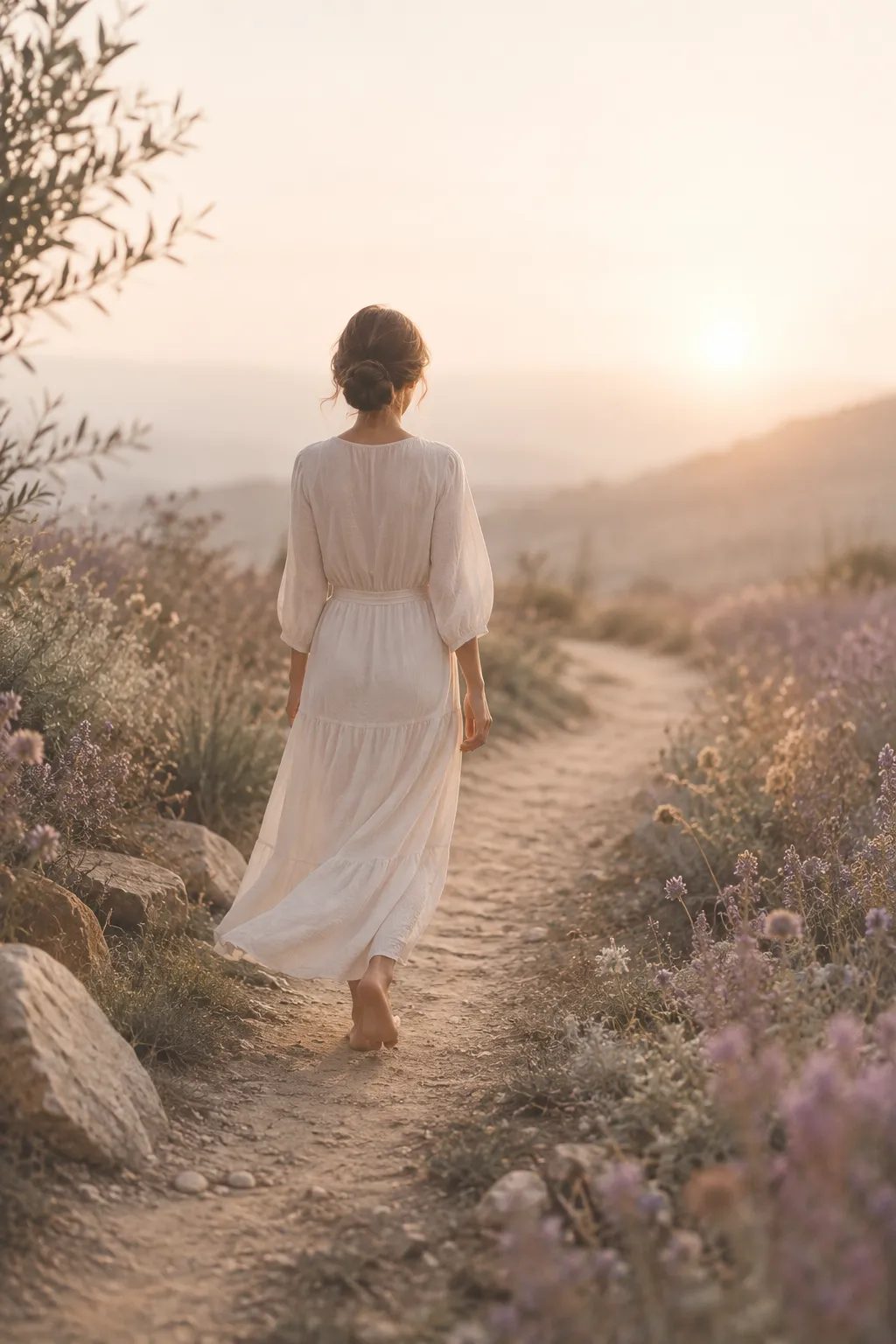 Woman walking barefoot down a sunlit path lined with lavender, moving forward one faithful step at a time