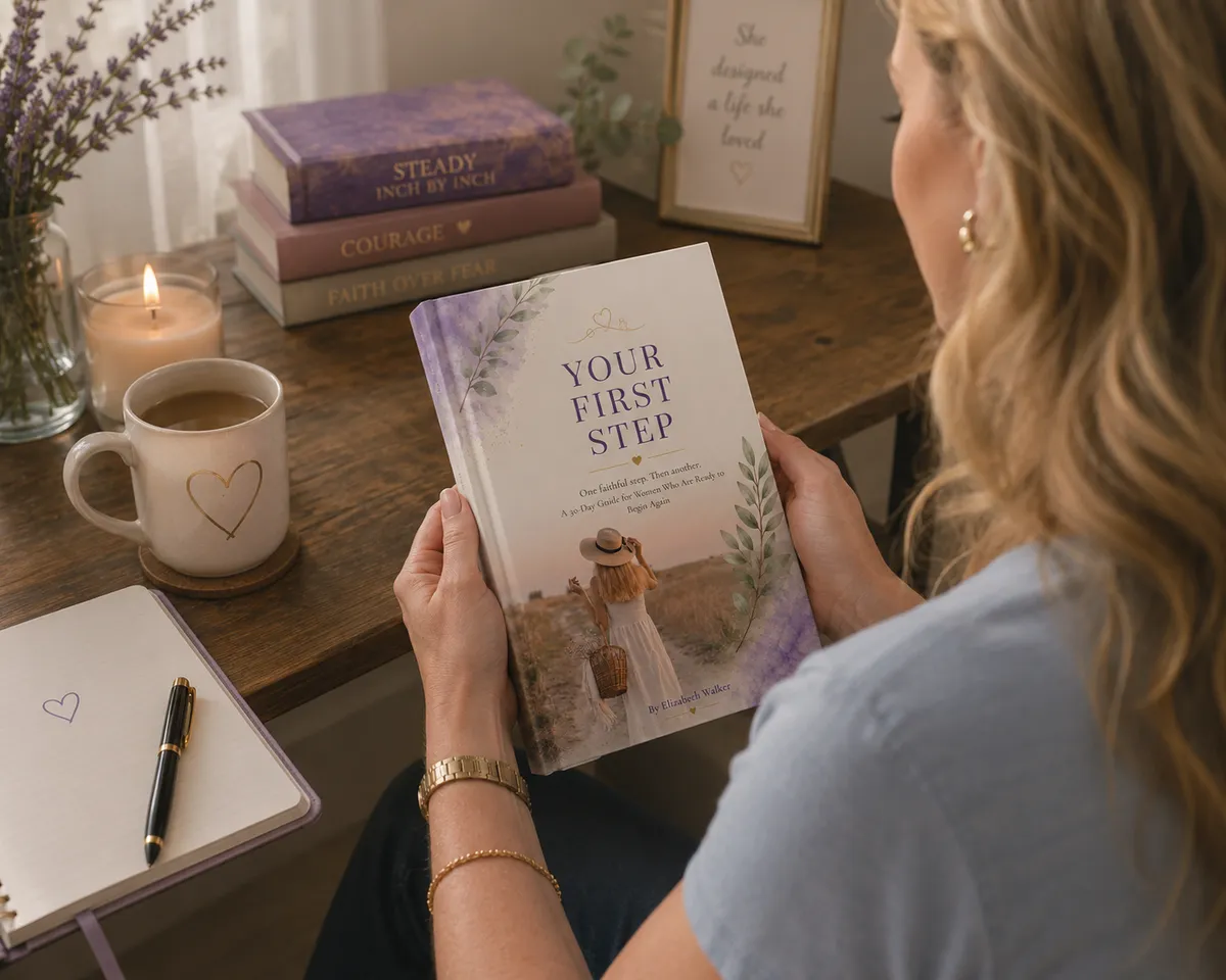 Elizabeth Walker holding the Your First Step 30-day guide for women who are ready to begin again — by Elizabeth Walker of Momfluence