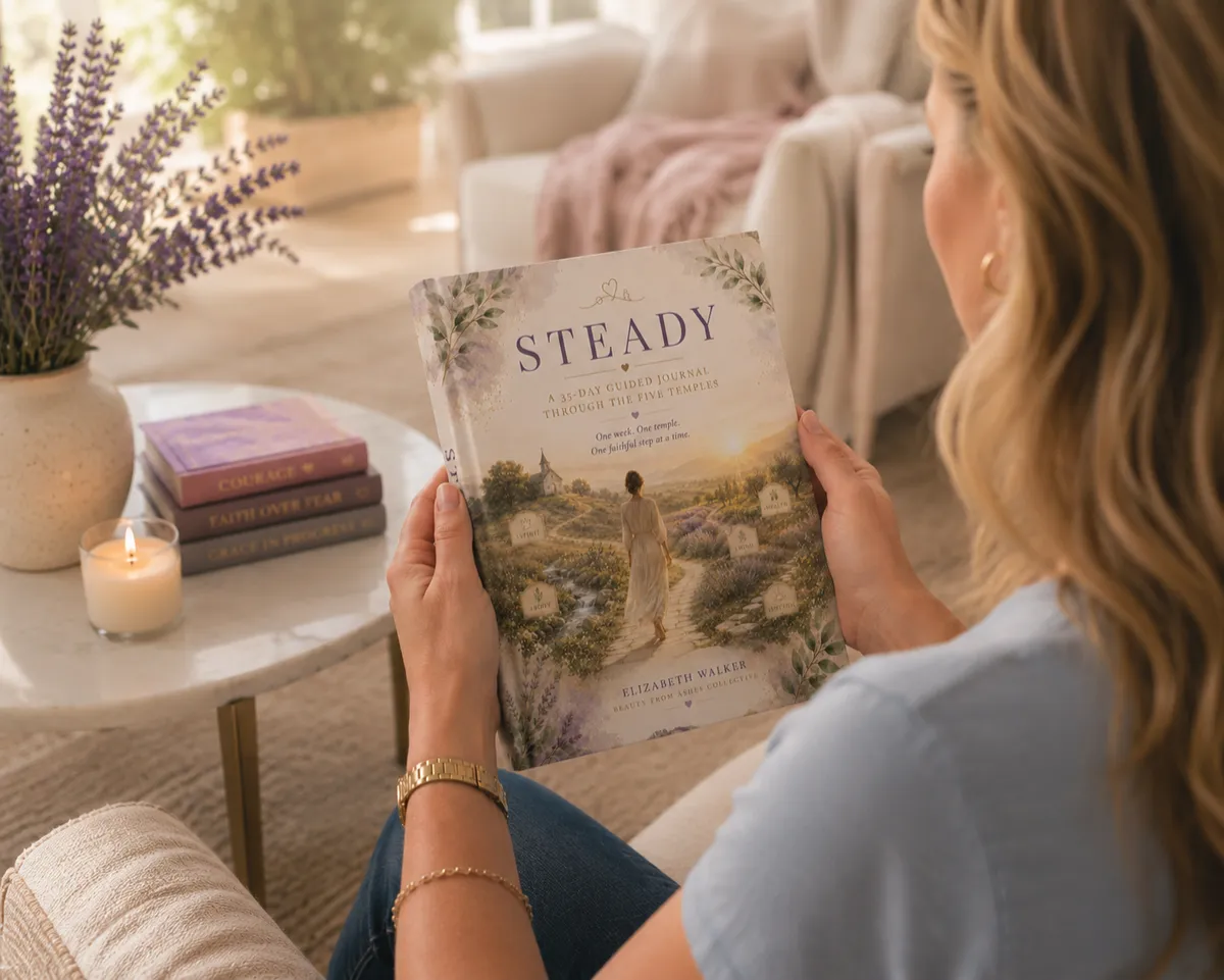 Elizabeth Jane holding the Steady 35-day guided journal through the Five Temples — by Elizabeth Walker of Beauty From Ashes Collective