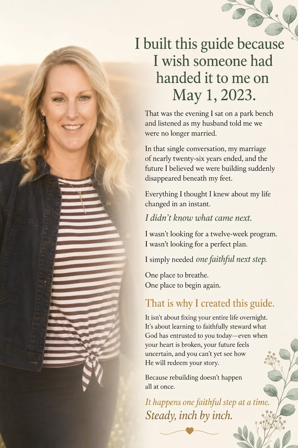 Elizabeth Jane sharing her story — I built this guide because I wish someone had handed it to me on May 1, 2023, the day my marriage of 26 years ended