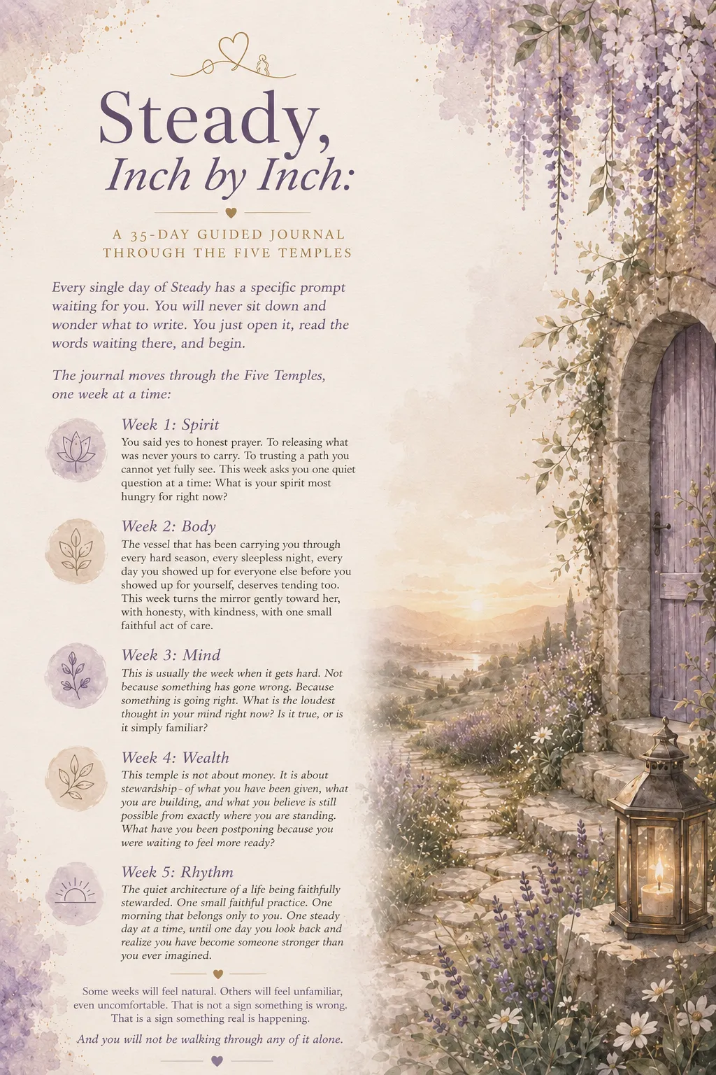 Steady, Inch by Inch, a 35-day guided journal through the Five Temples, Spirit, Body, Mind, Wealth, and Rhythm, one week per temple with a specific daily prompt