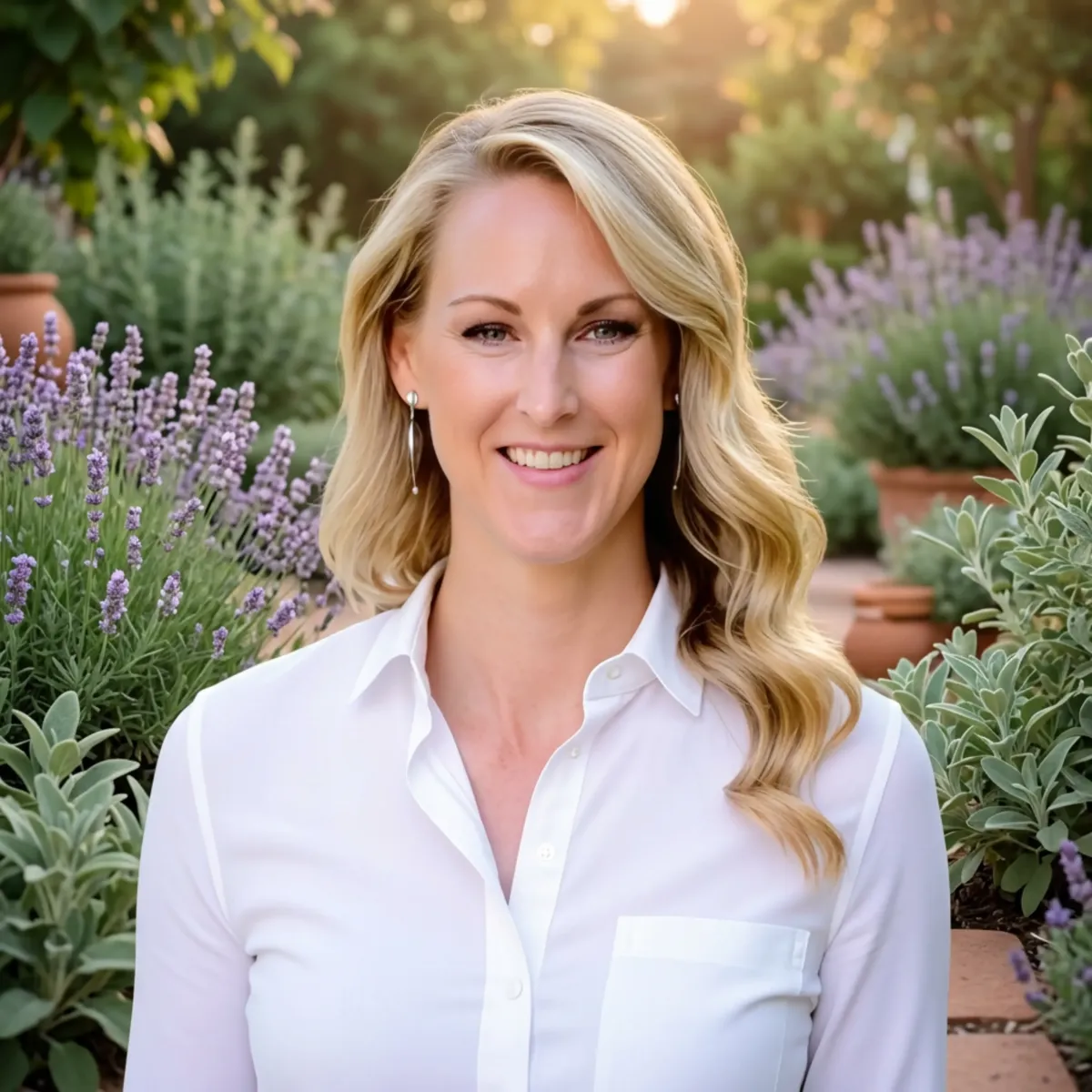 Elizabeth Jane smiling in a peaceful sanctuary garden, welcoming women who are ready to begin again.