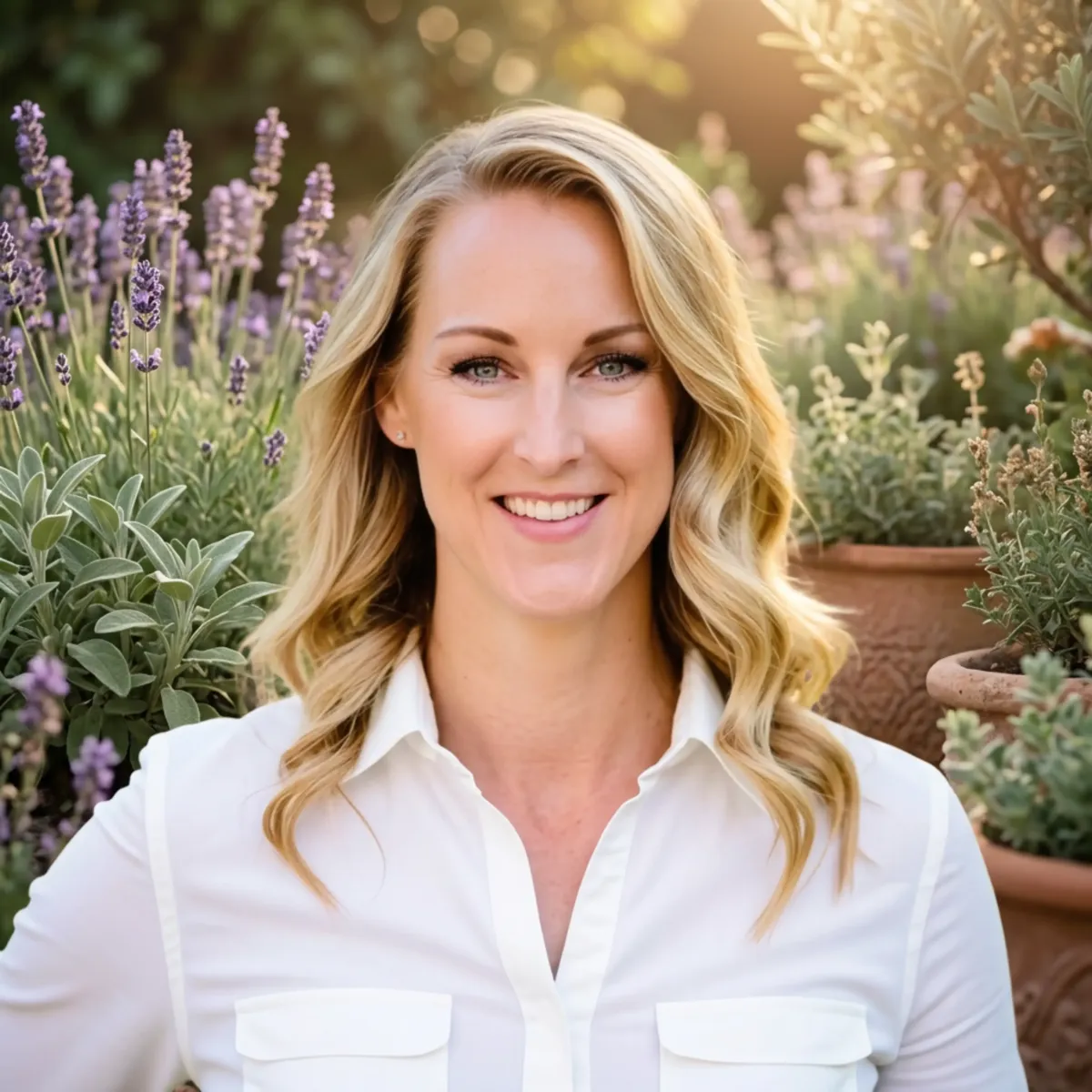 Elizabeth Jane smiling warmly in a peaceful garden, welcoming women who are beginning again.